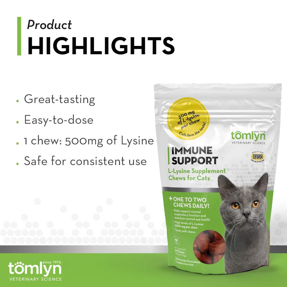 Tomlyn Immune Support packaging front highlights vet-quality lysine formula.