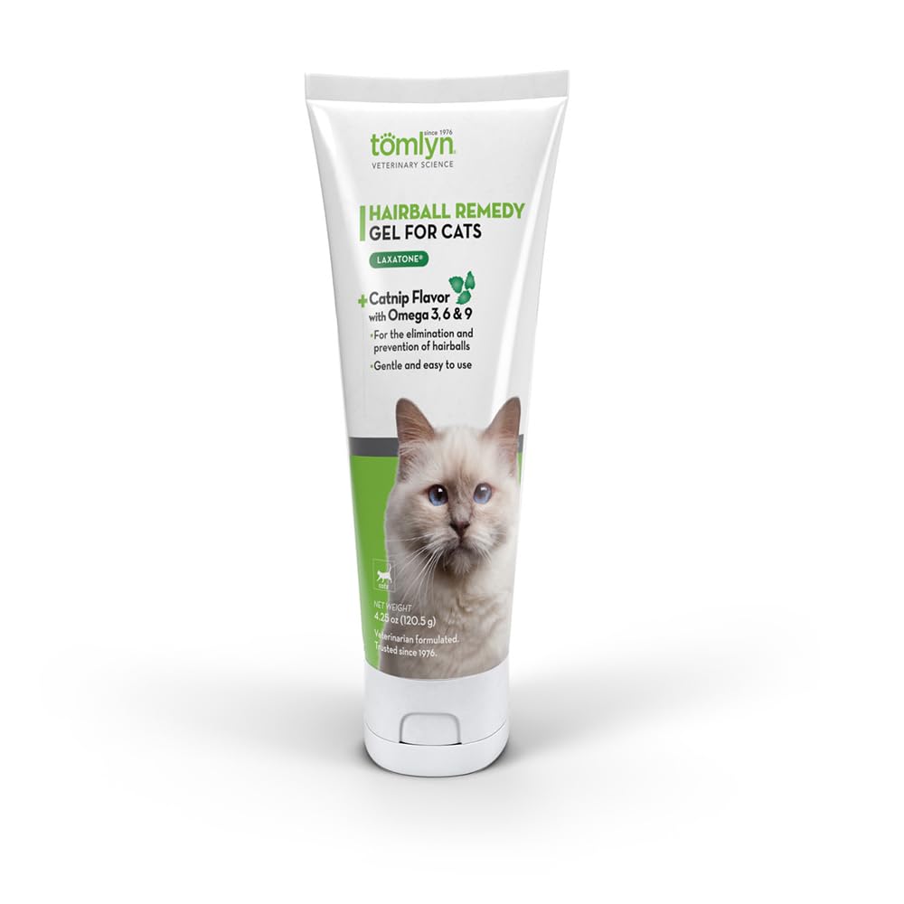 Tomlyn Laxatone catnip-flavored gel tube for easy hairball relief.