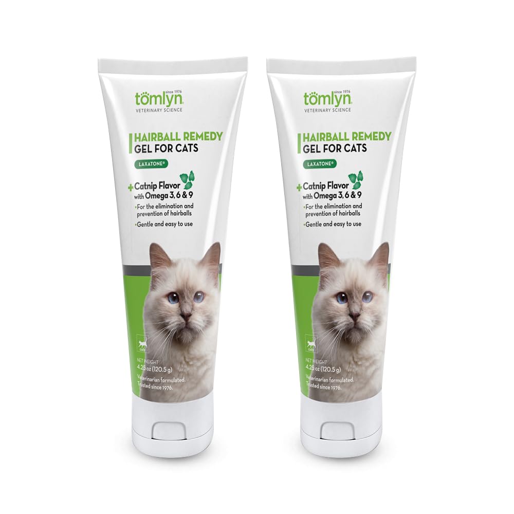 Tomlyn Laxatone catnip-flavored gel being poured for hairball relief in cats