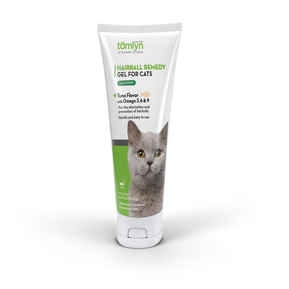 Tomlyn Laxatone tuna-flavored bottle for hairball relief in cats.