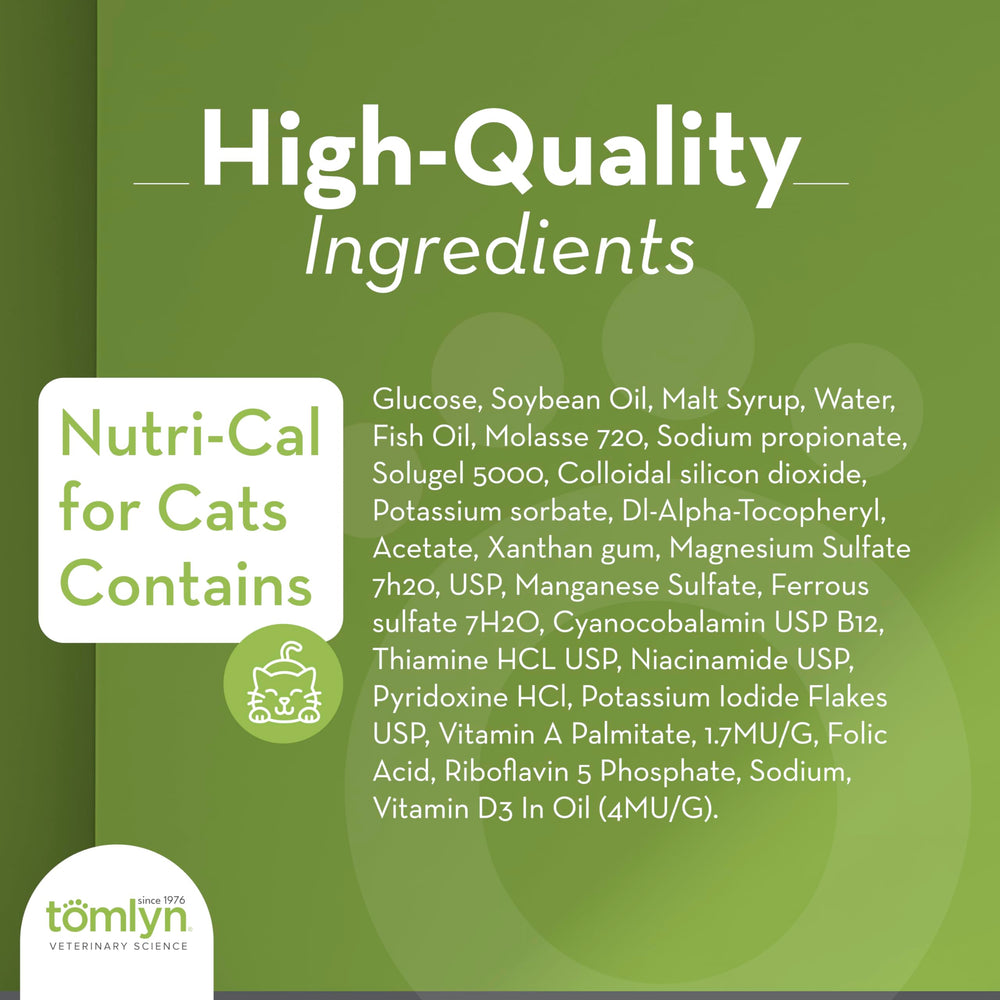 Tomlyn Nutri-Cal cat omega-rich ingredients suggest heart, skin, and joint support.
