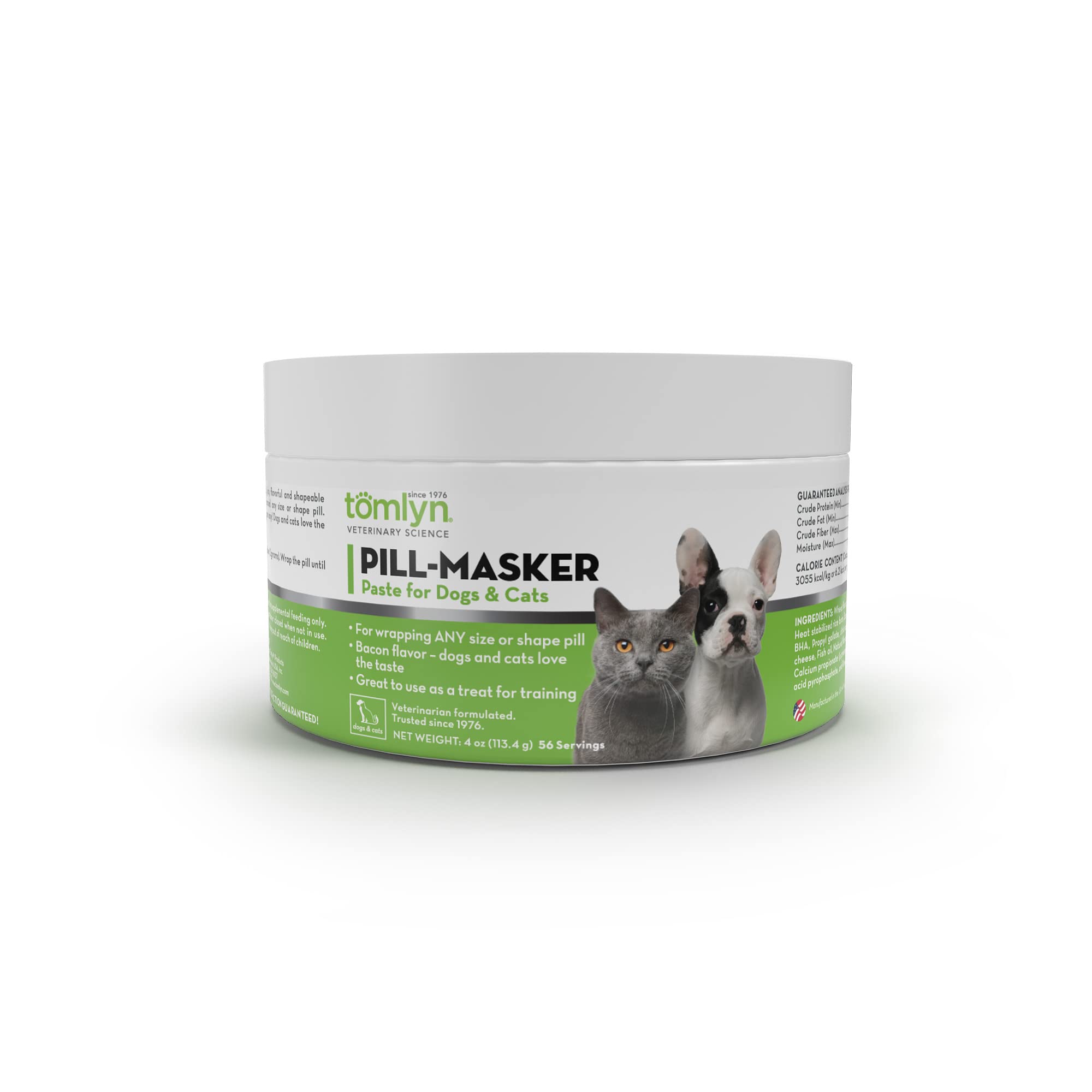 TOMLYN Pill-Masker 4oz bottle shows bacon paste for easy pill hiding.
