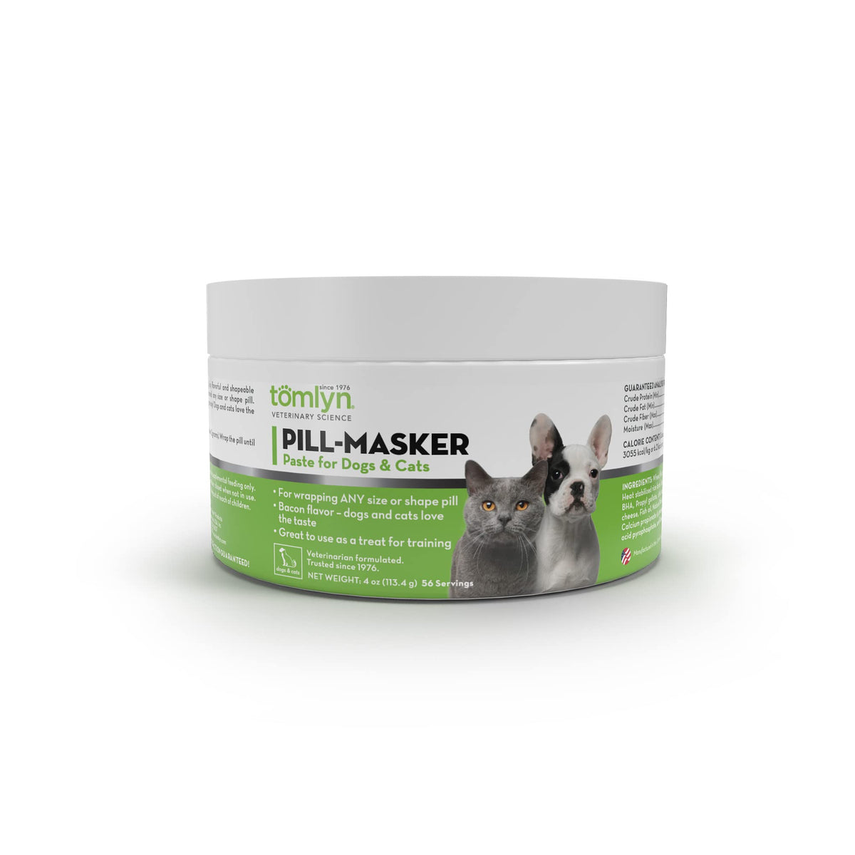 TOMLYN Pill-Masker 4oz bottle shows bacon paste for easy pill hiding.