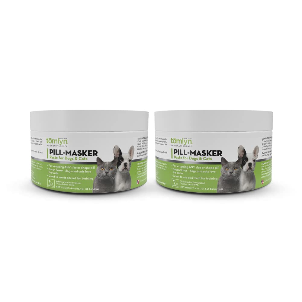 TOMLYN Pill-Masker bacon paste tub front for easy pet pill masking.