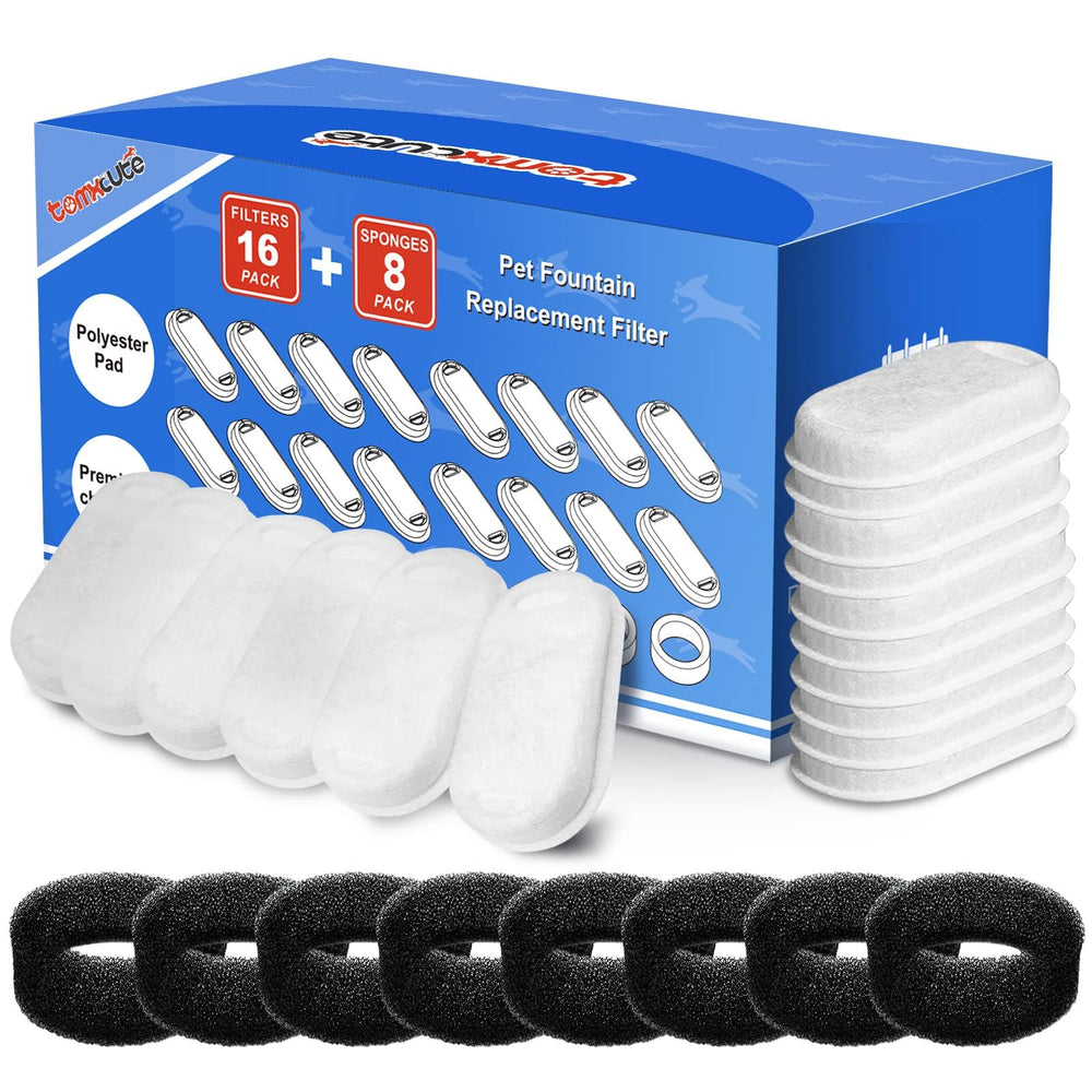 Tomxcute cat fountain filter 16-pack packaging shows official replacement filters for clean drinking water.