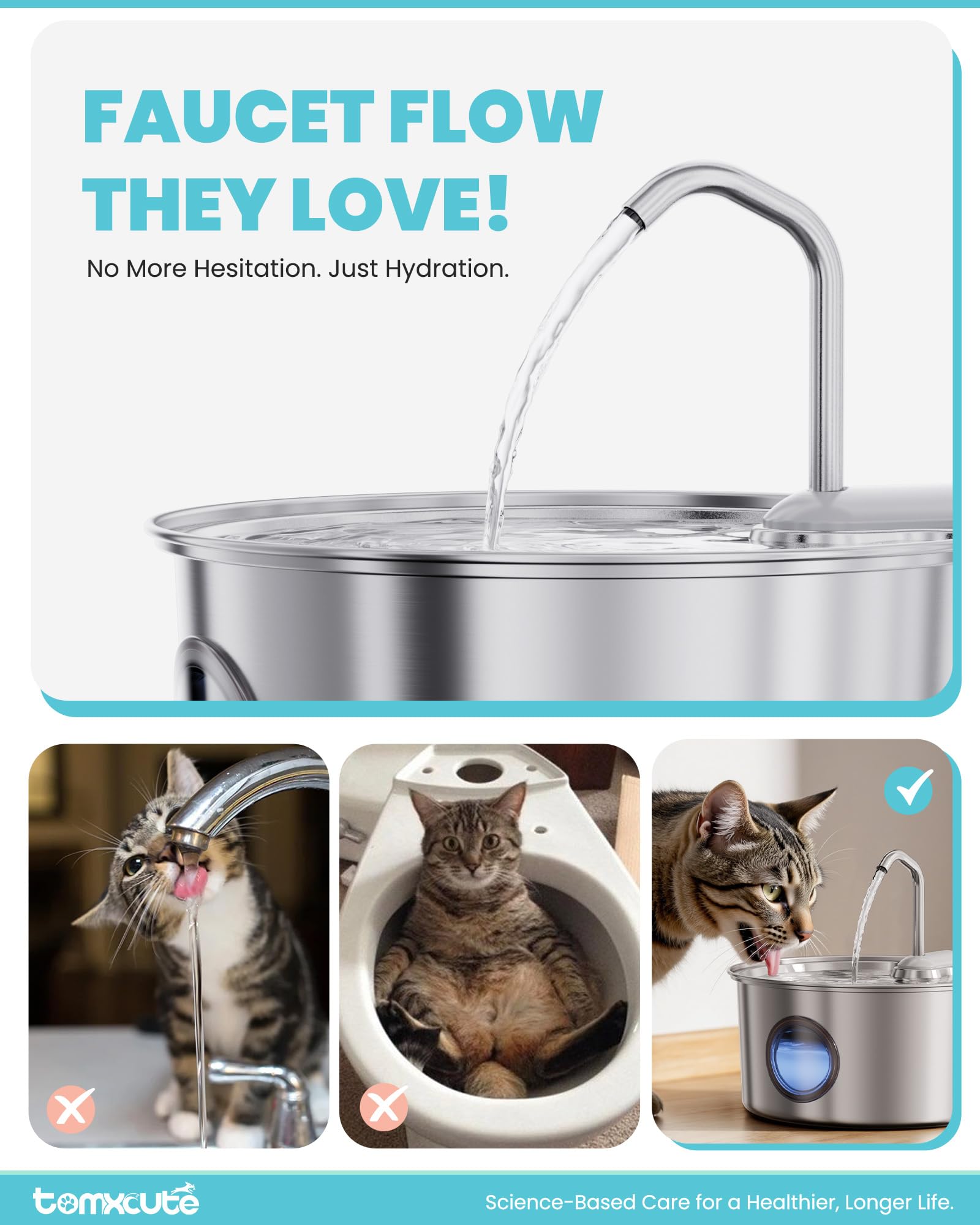 Tomxcute cat water fountain stainless 108oz capacity keeps pets hydrated while you’re away.