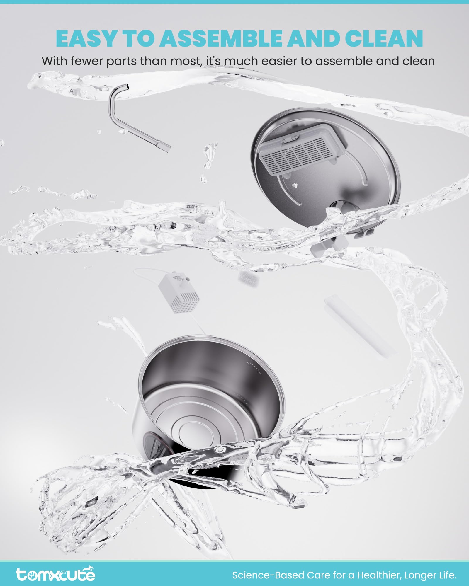 Tomxcute cat water fountain stainless steel cleans easily after daily use.