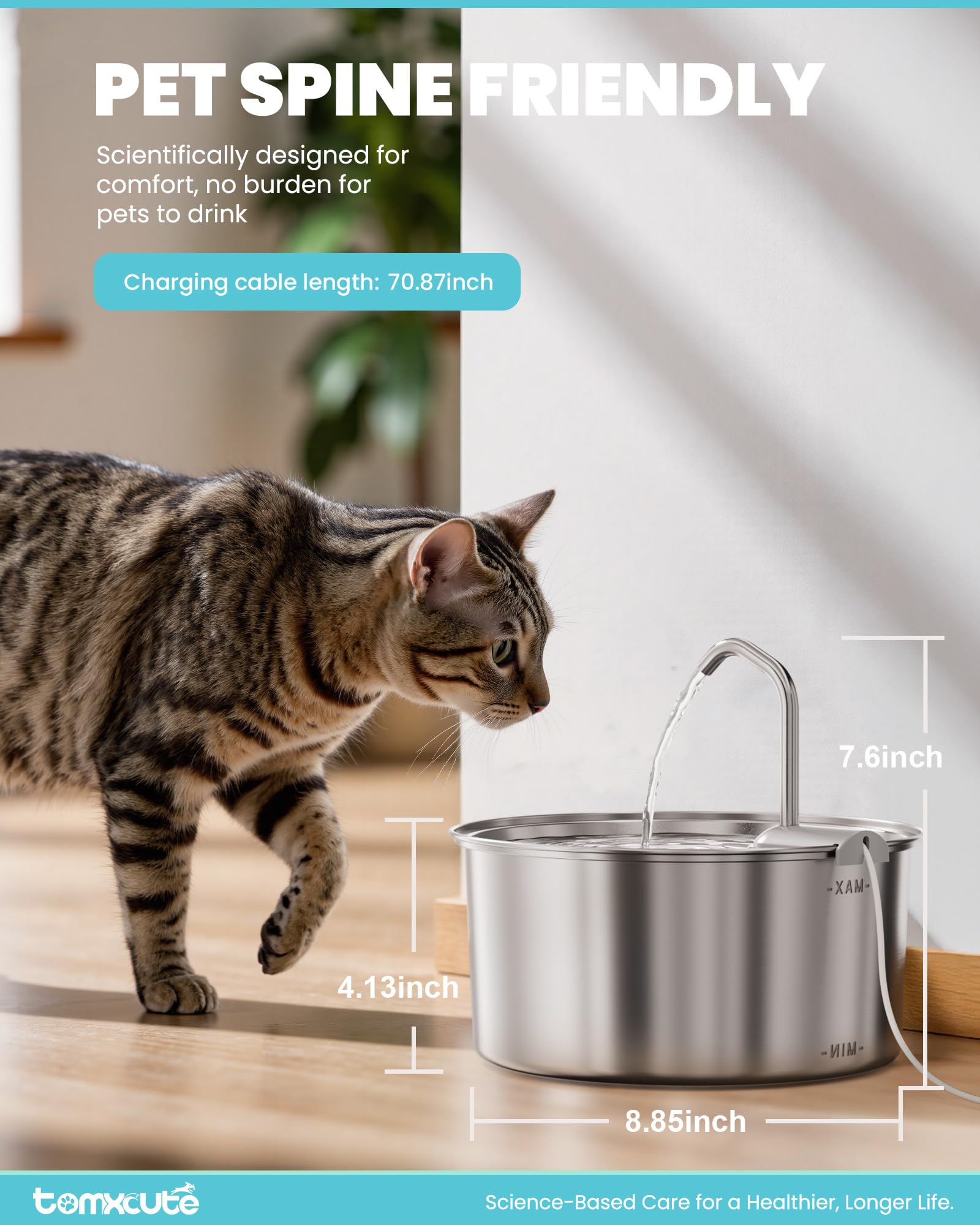 Tomxcute cat water fountain stainless steel is dishwasher-safe for easy cleaning.