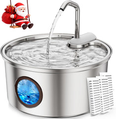 Tomxcute cat water fountain stainless steel front view for quiet, hygienic hydration.