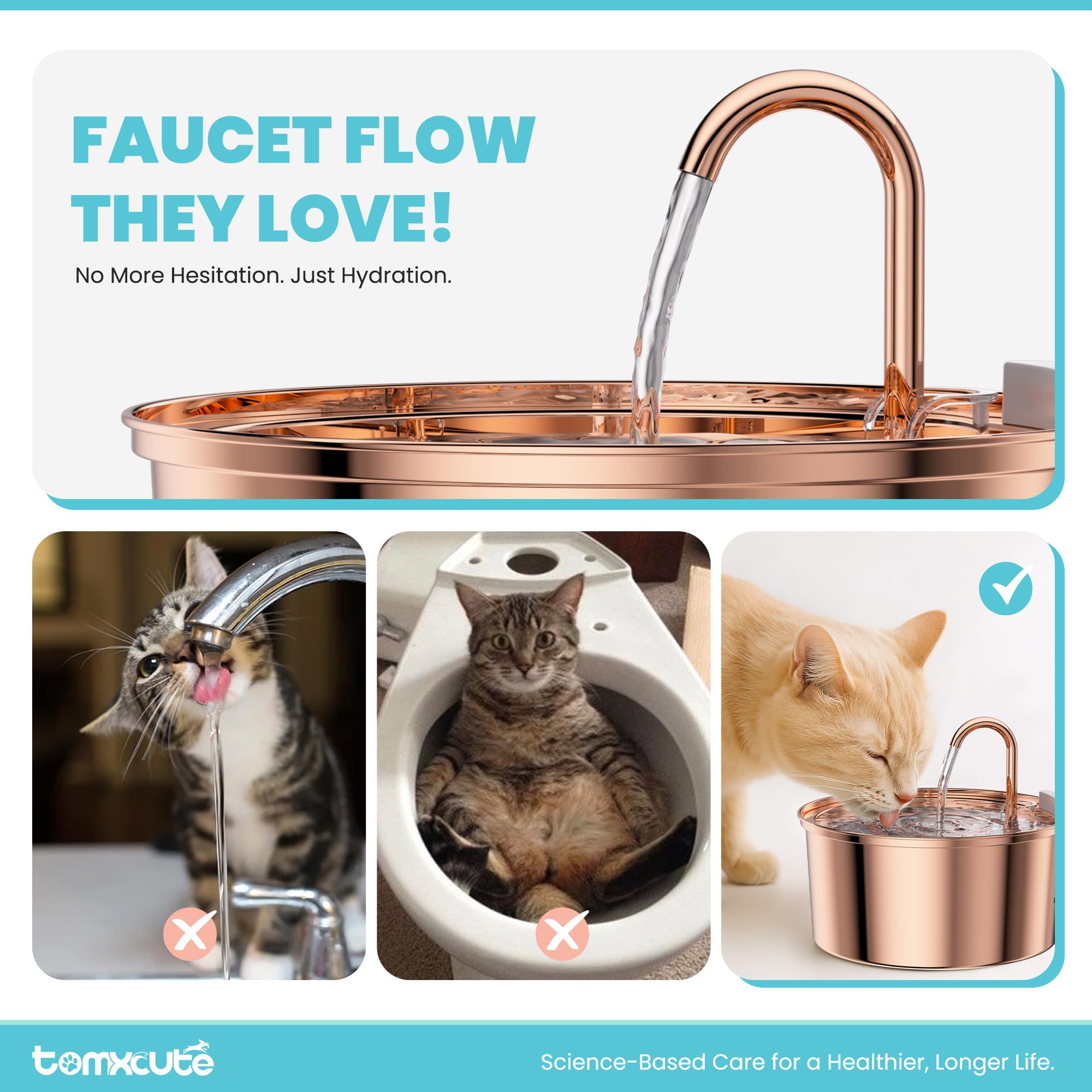 Tomxcute copper fountain filter system close-up with cotton and carbon layers for clean water.