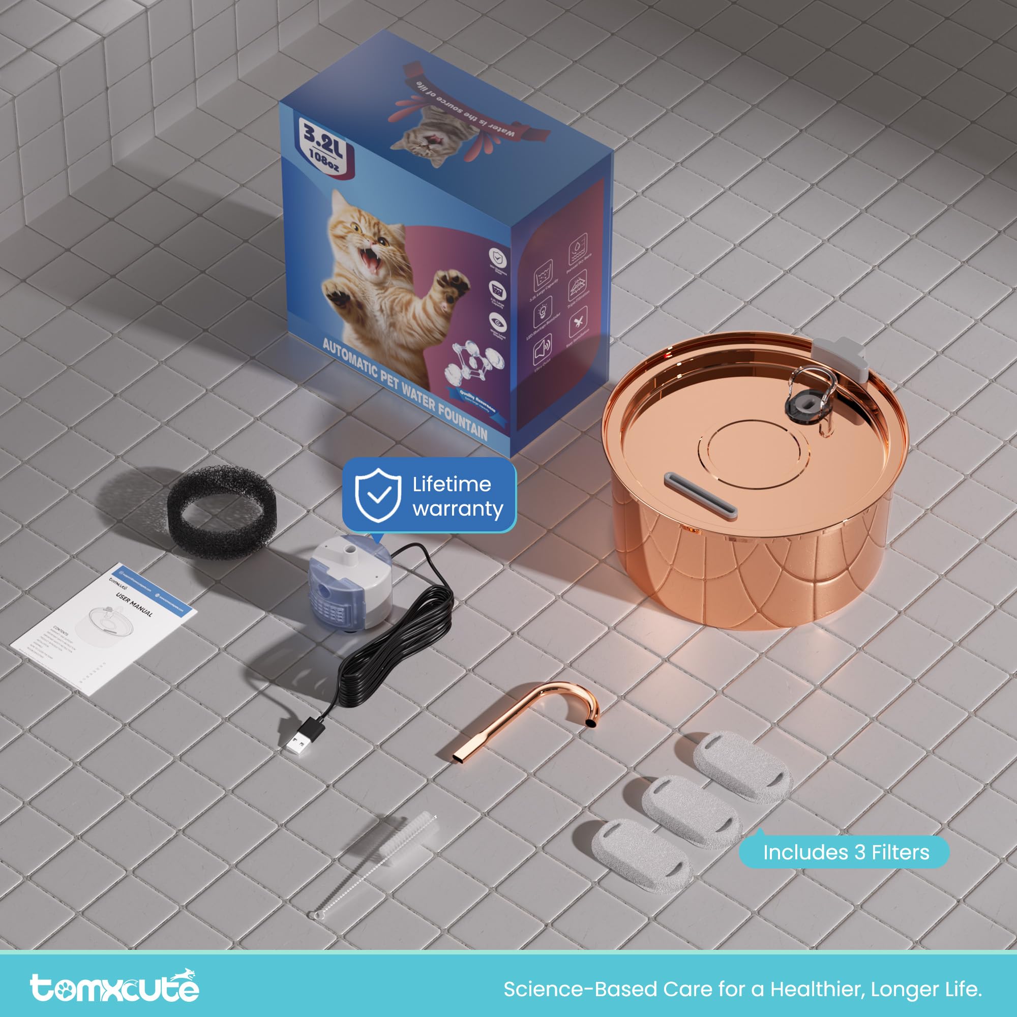 Tomxcute copper cat water fountain in use with cats showing multi-pet hydration session.