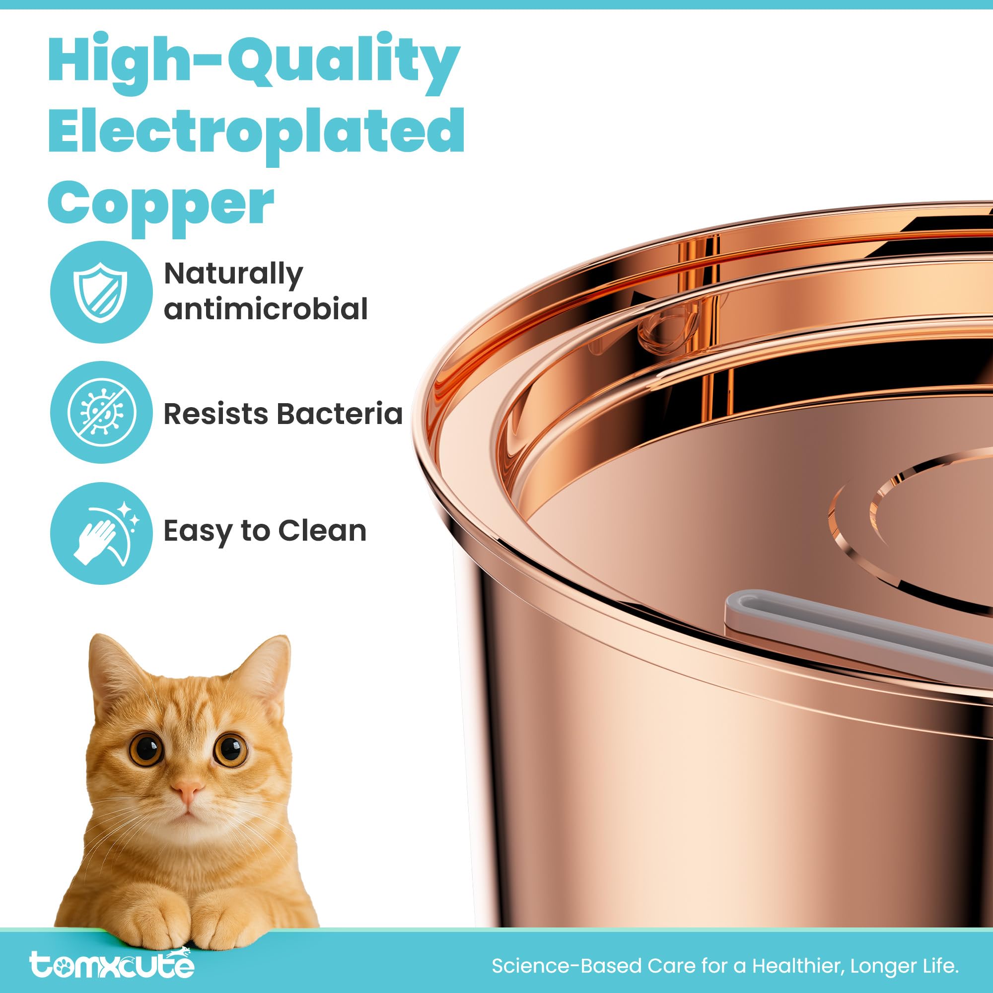 Tomxcute copper cat water fountain large capacity tank supports extended hydration.