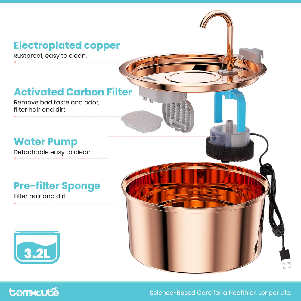 Tomxcute copper fountain pump inside reveals quiet, energy-efficient motor.