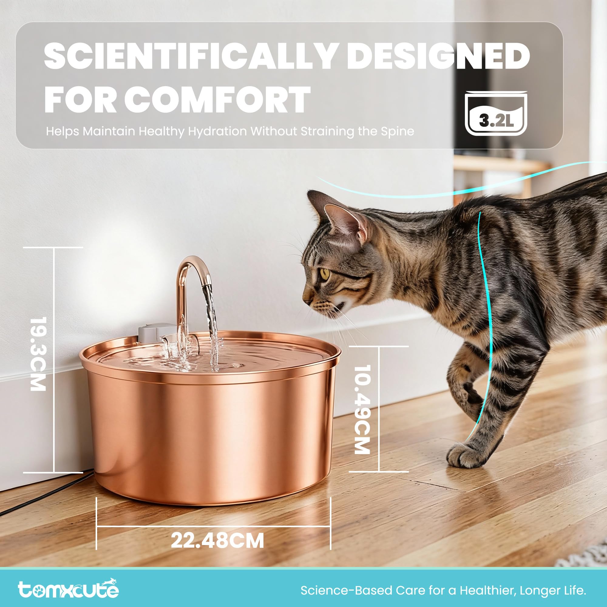 Tomxcute copper cat water fountain side view highlighting sleek silhouette for homes.