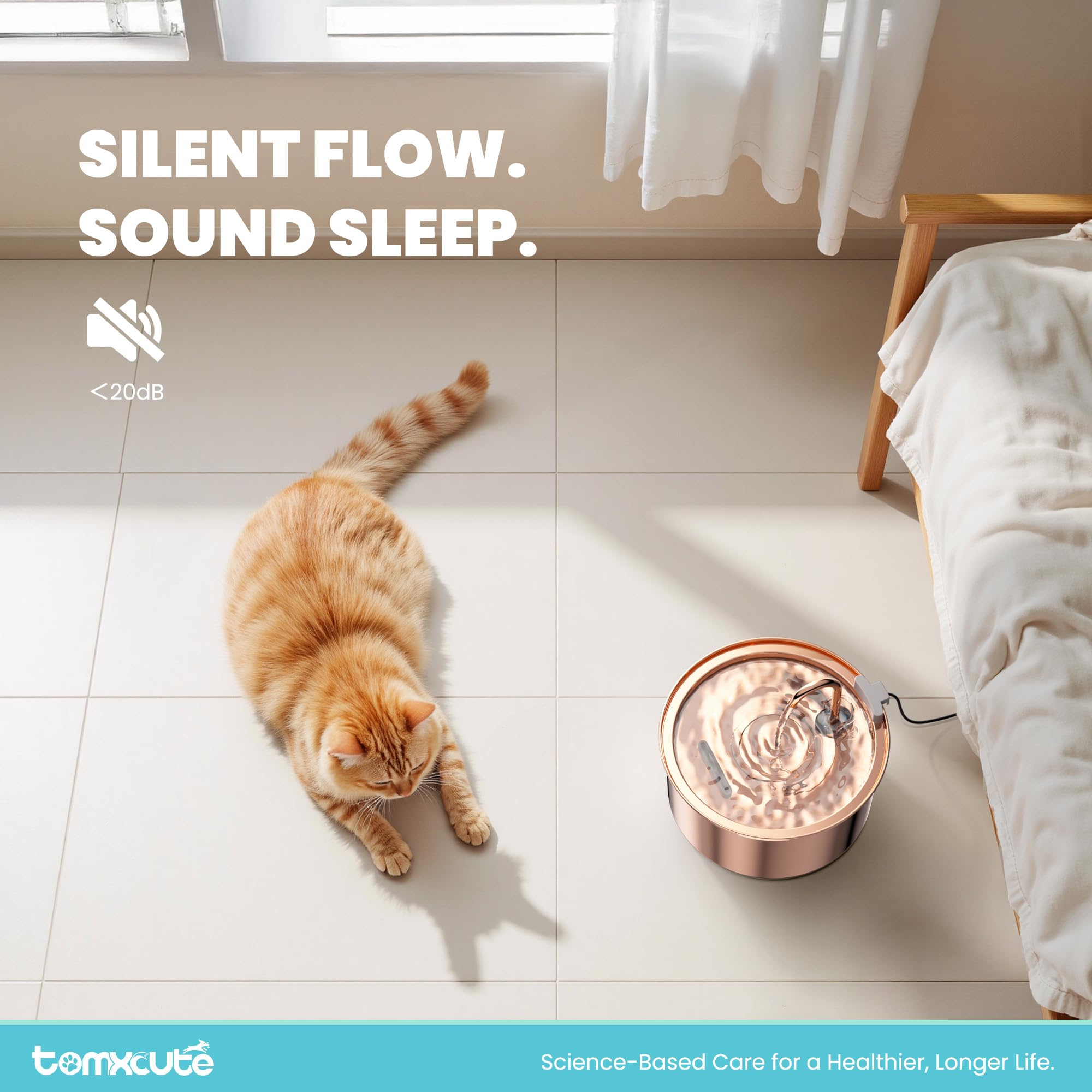 Tomxcute copper cat water fountain water flow demonstrates a steady, inviting stream.