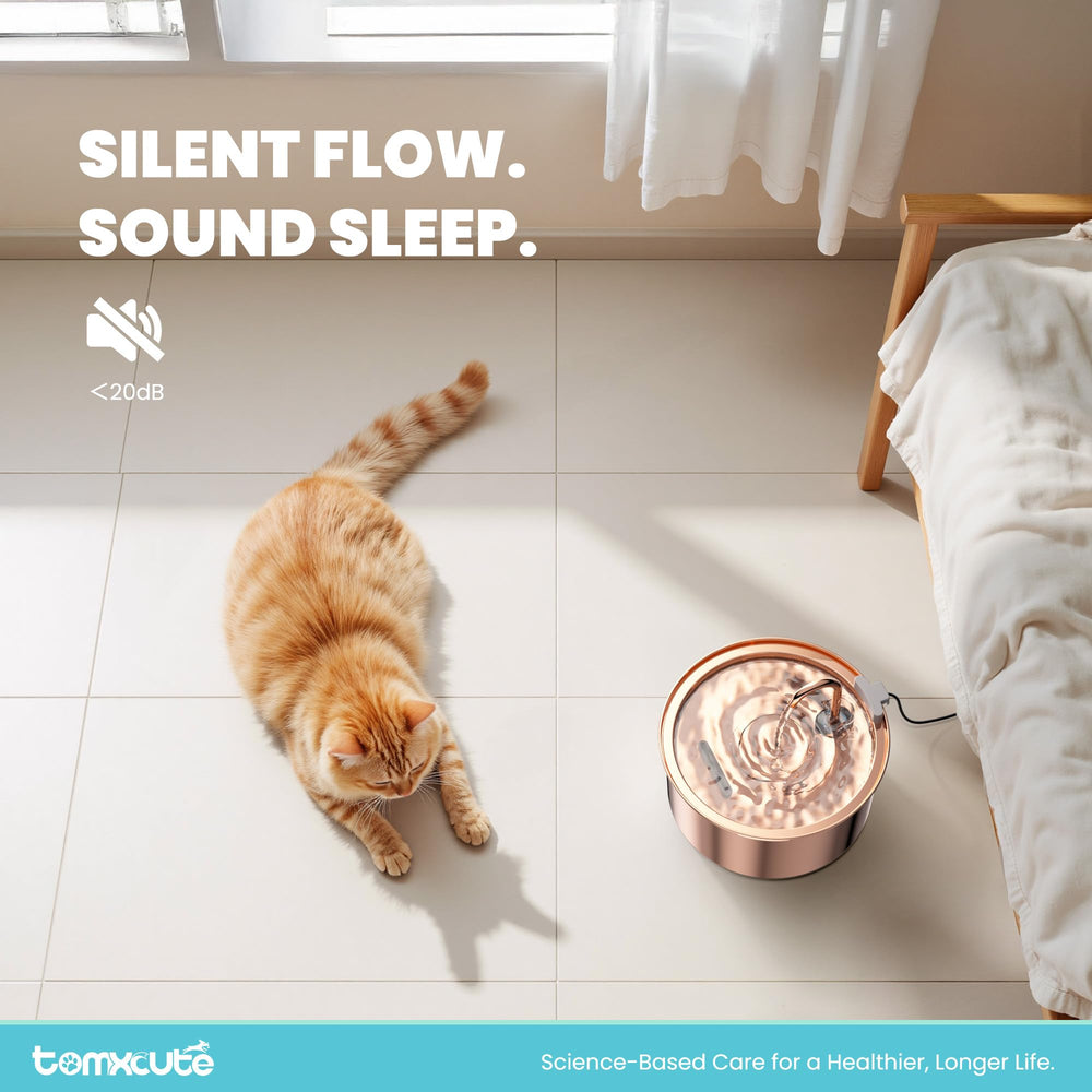 Tomxcute copper cat water fountain water flow demonstrates a steady, inviting stream.