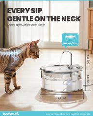 Tomxcute Glass Cat Water Fountain stainless steel top lid blocks hair and debris.