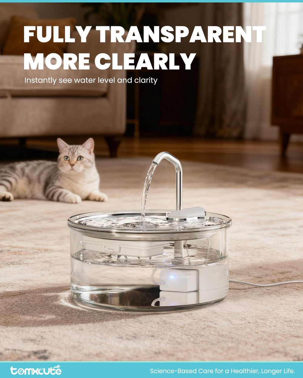 Tomxcute Glass Cat Water Fountain side view showcases elegant glass for modern homes.