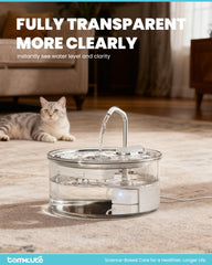Tomxcute Glass Cat Water Fountain side view showcases elegant glass for modern homes.