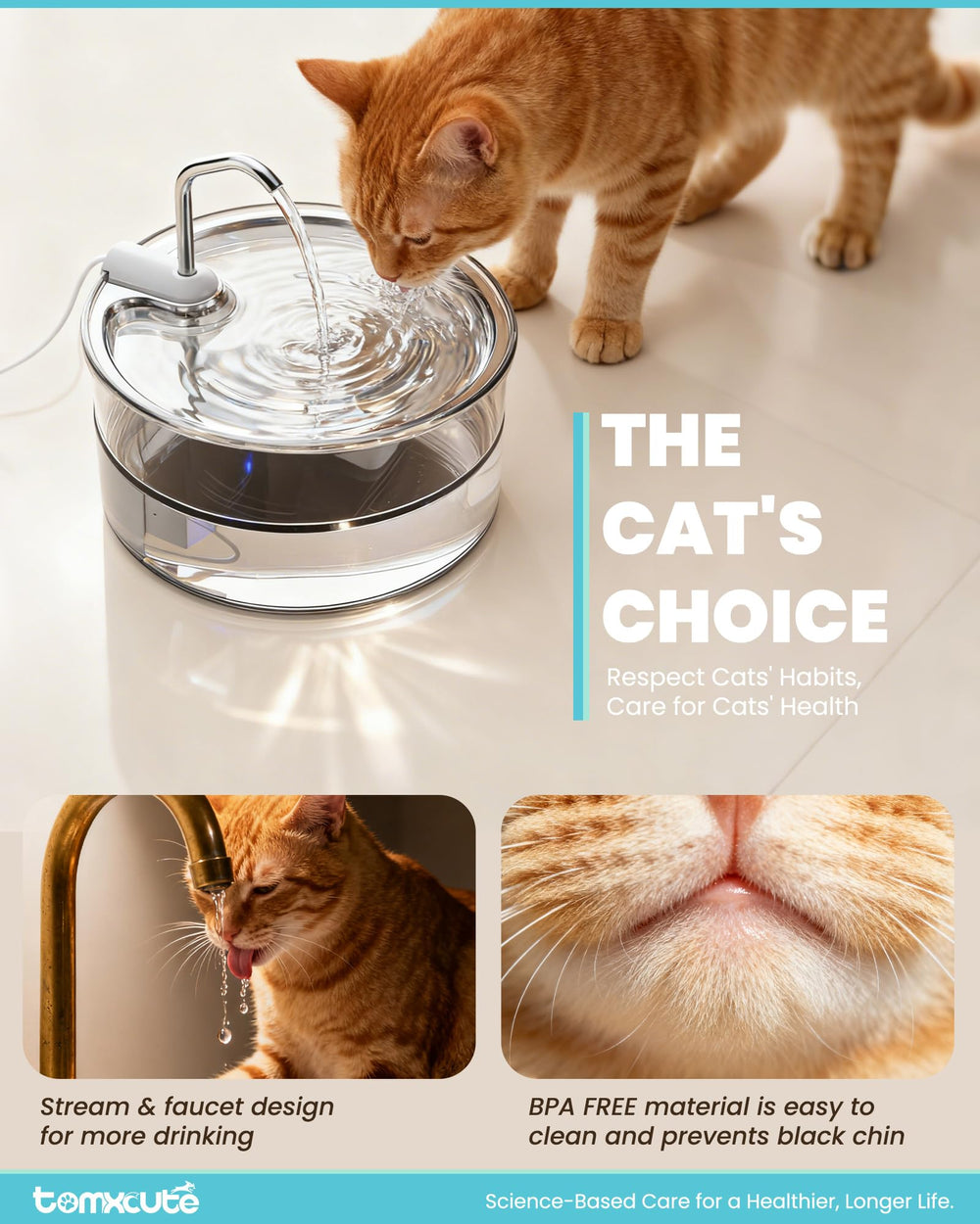 Tomxcute Glass Cat Water Fountain water-flow view highlights easy pet hydration monitoring.