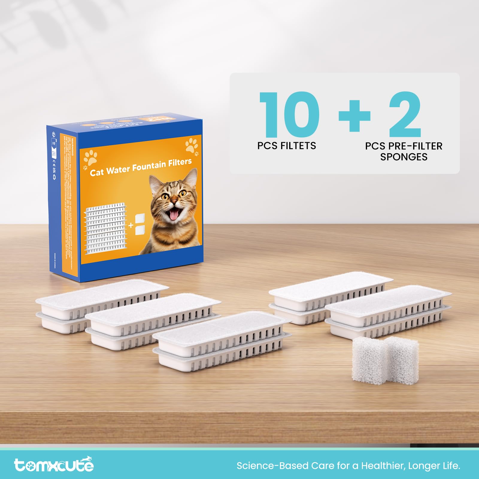 Tomxcute replacement-filter-care guide image; simple steps to extend fountain life.