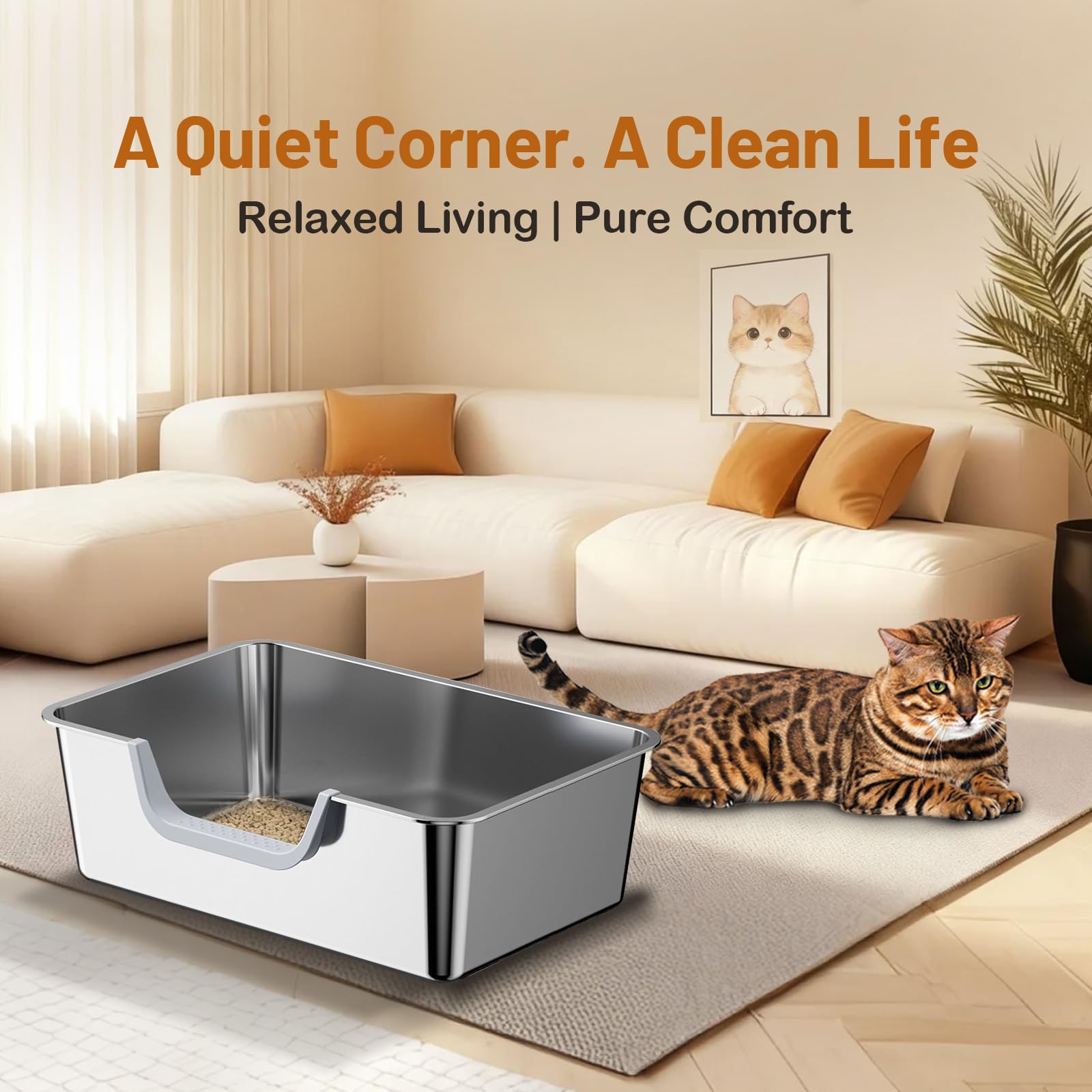 Tondid gray stainless steel cat litter box designed for splash control