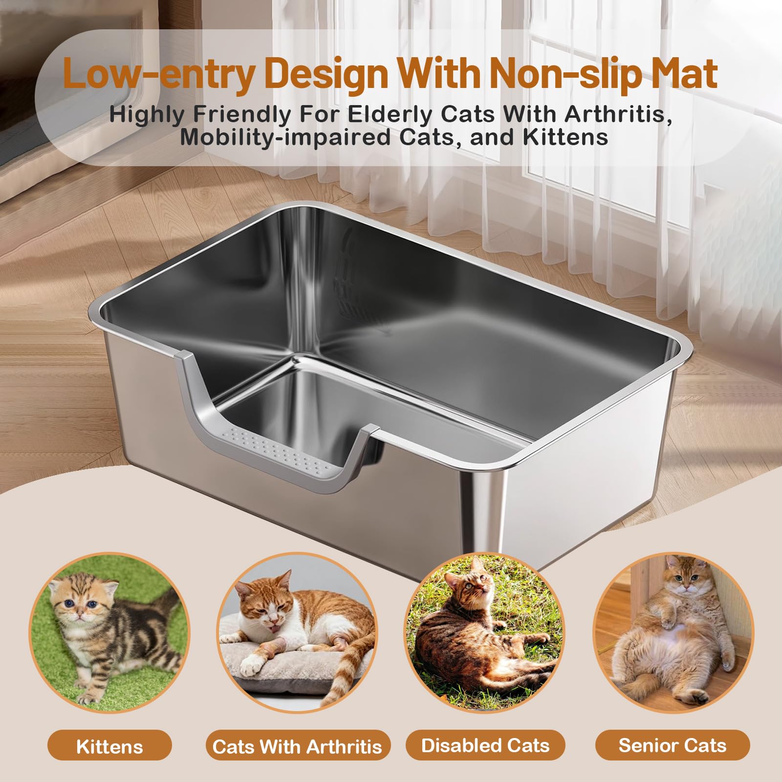 Tondid stainless steel cat litter box anti-stick surface for quick cleaning