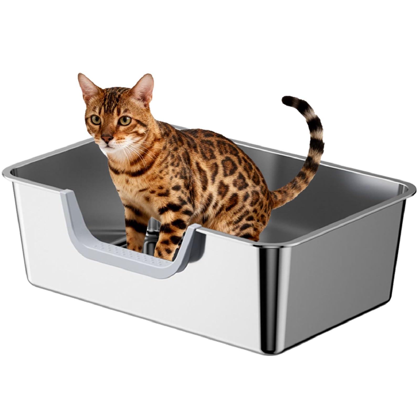 Tondid stainless steel cat litter box front view, high sides reduce litter scatter and spills