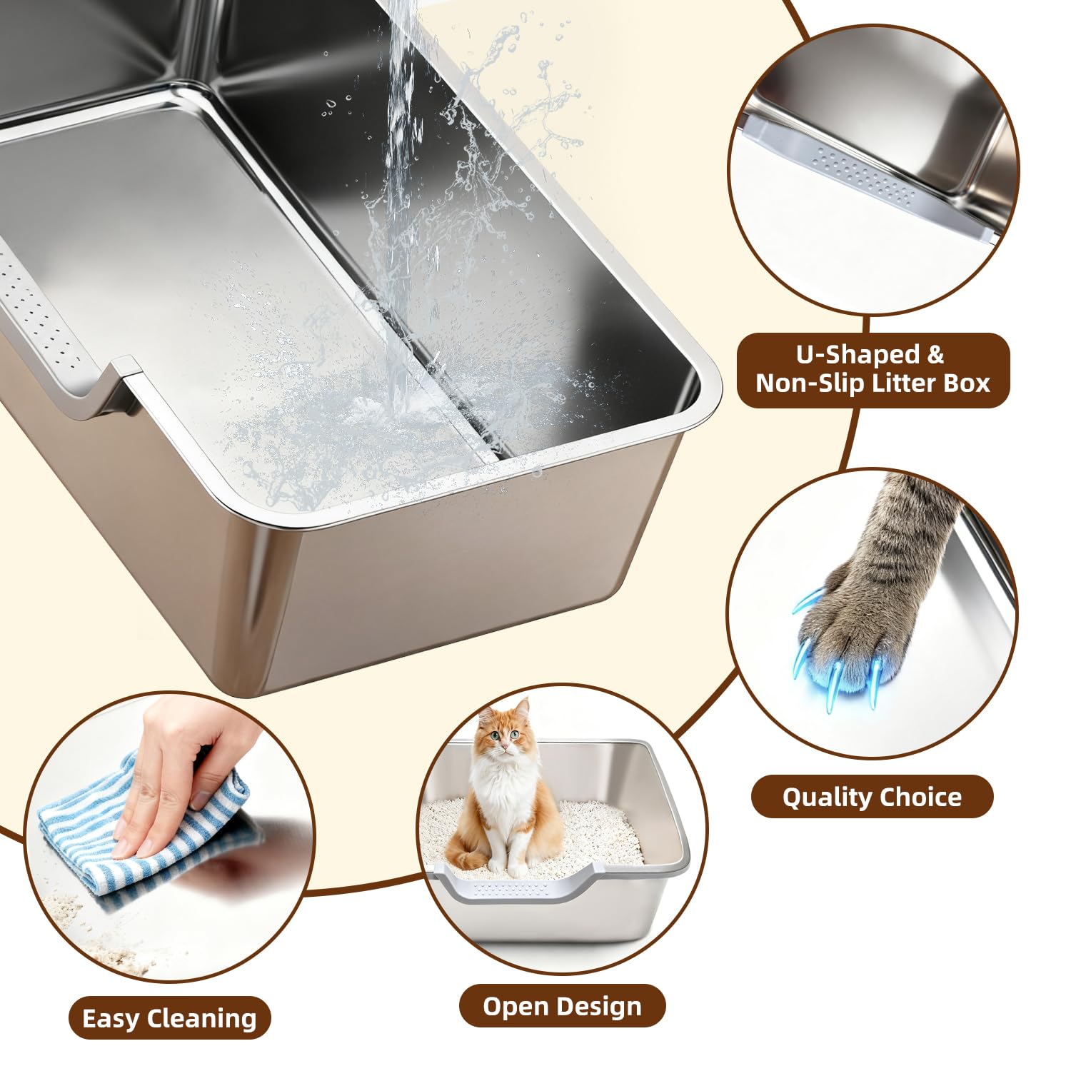 Tondid stainless steel cat litter box low-entry front aids anxious cats and kittens