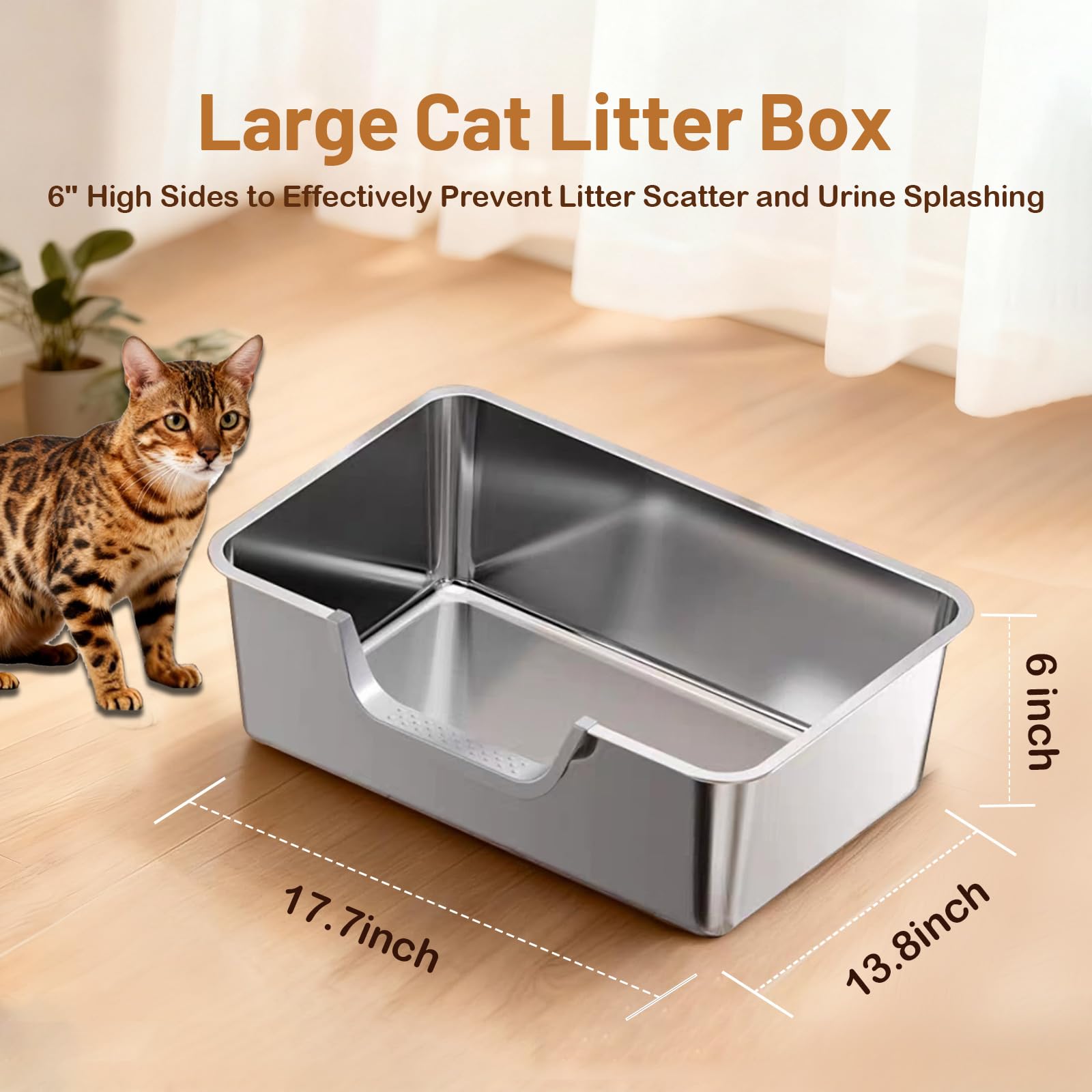Tondid stainless steel cat litter box side view, rugged durability for long-lasting use