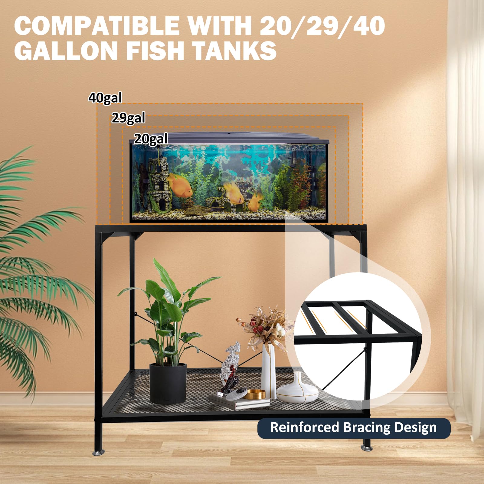 Tongmo 40-gallon stand close-up dims shows dimensions to verify fit.