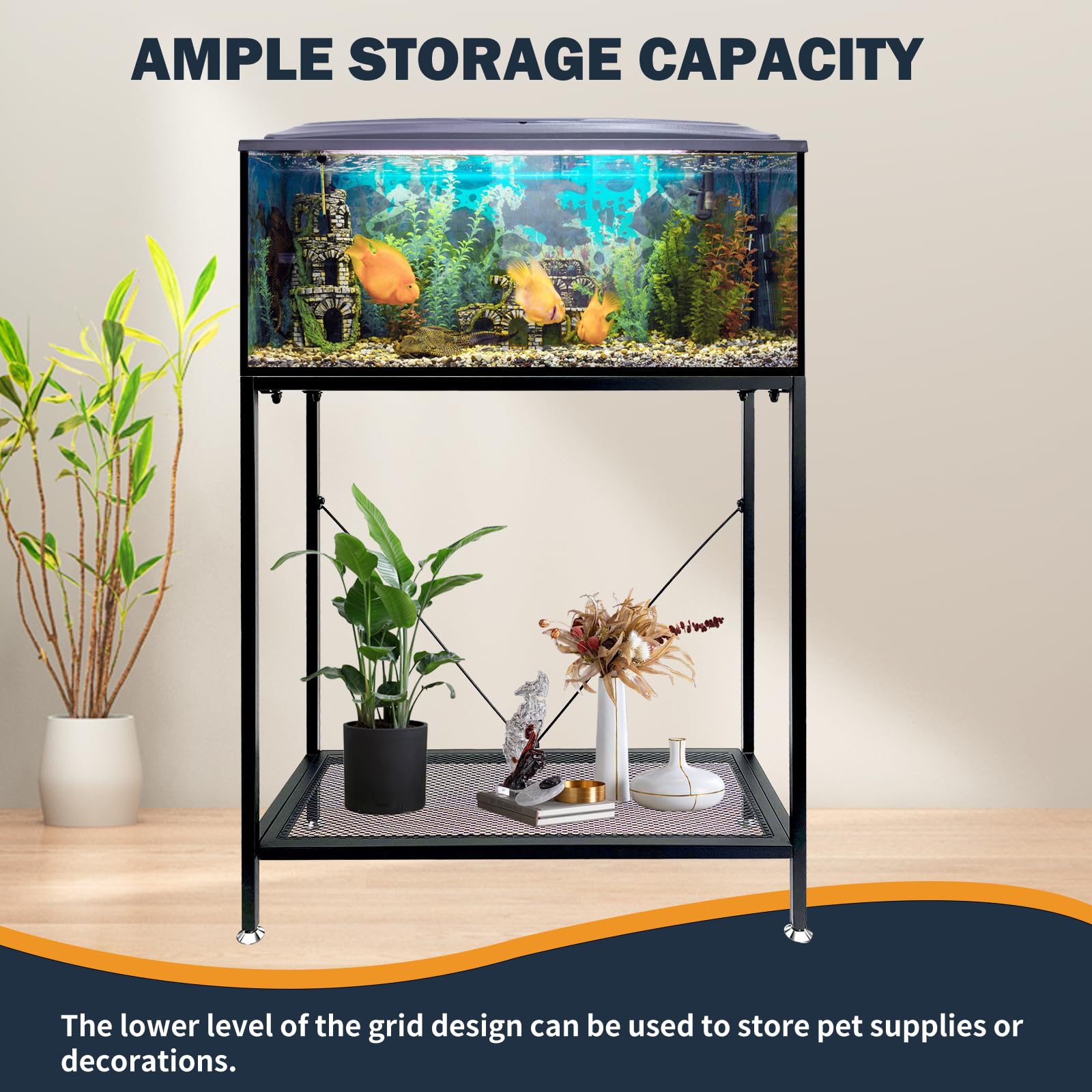 TONGMO fish tank stand adjustable feet close-up showing stable placement.