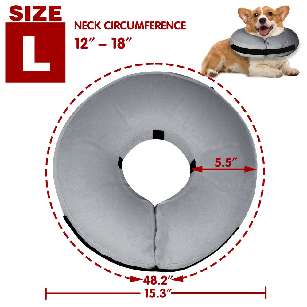 Tonqixope inflatable donut collar worn on a dog supports easy eating and breathing