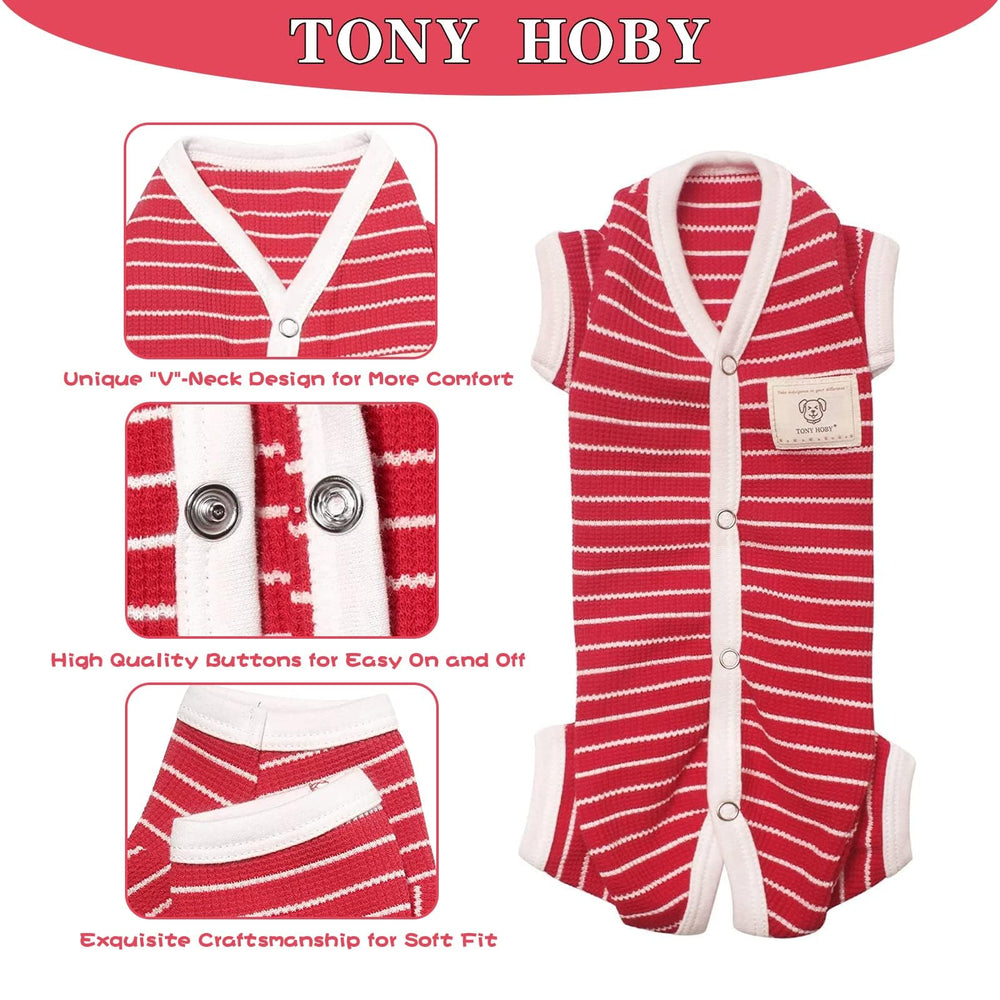 TONY HOBY dog pajamas front view shows four-leg design for mobility.