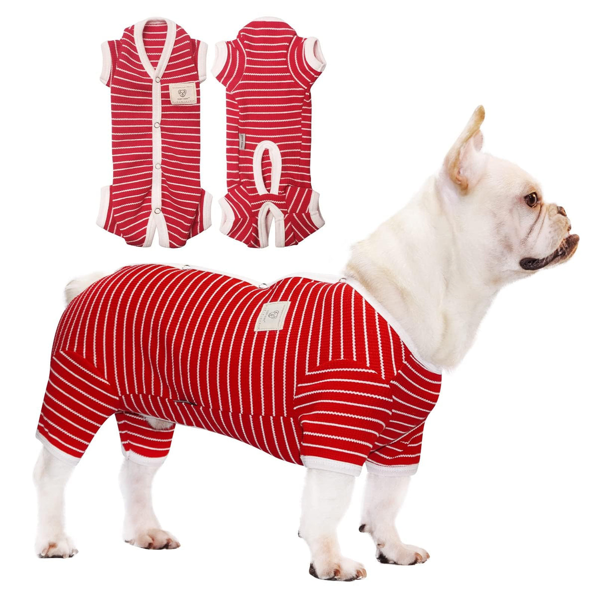 TONY HOBY dog pajamas in red waffle stripes for comfortable daily wear.