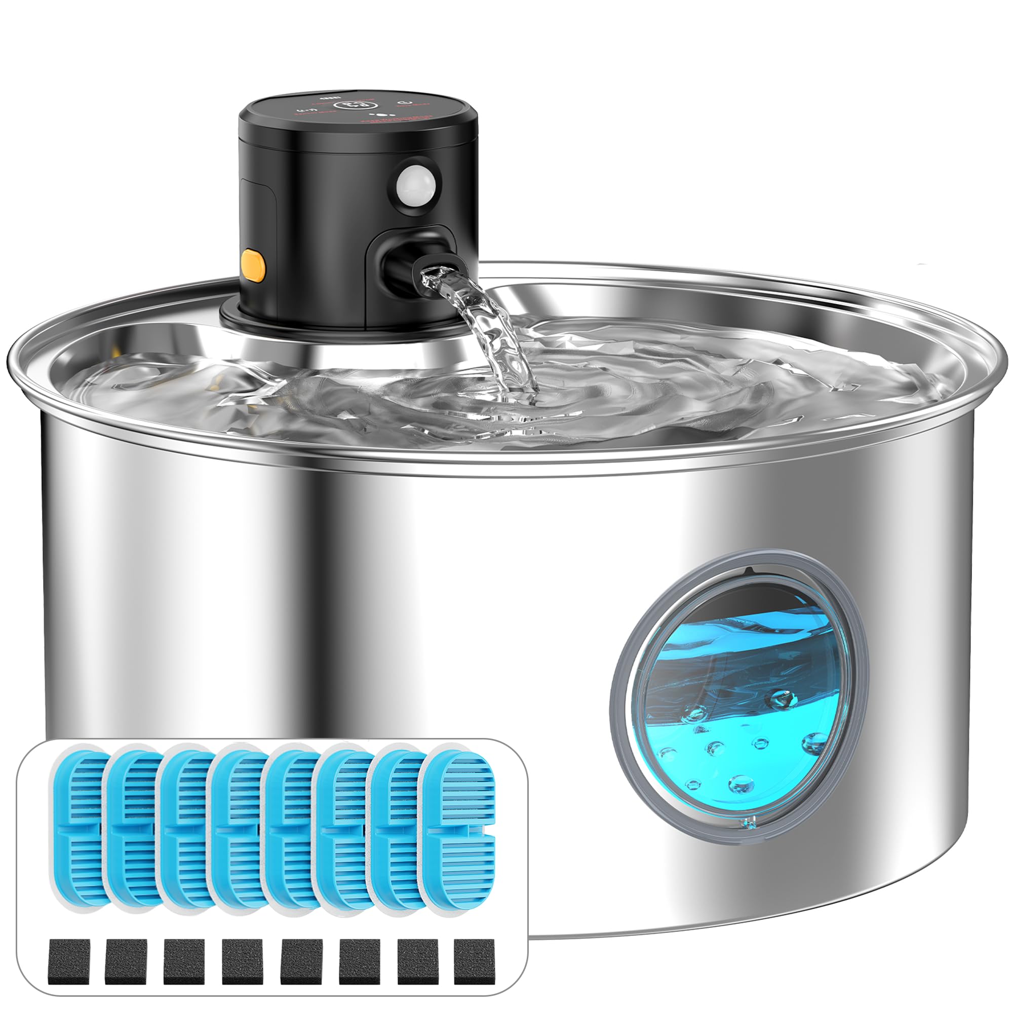 TOONIOOS cat water fountain front view shows stylish stainless steel for safe hydration.