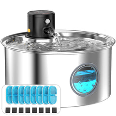 TOONIOOS cat water fountain front view shows stylish stainless steel for safe hydration.