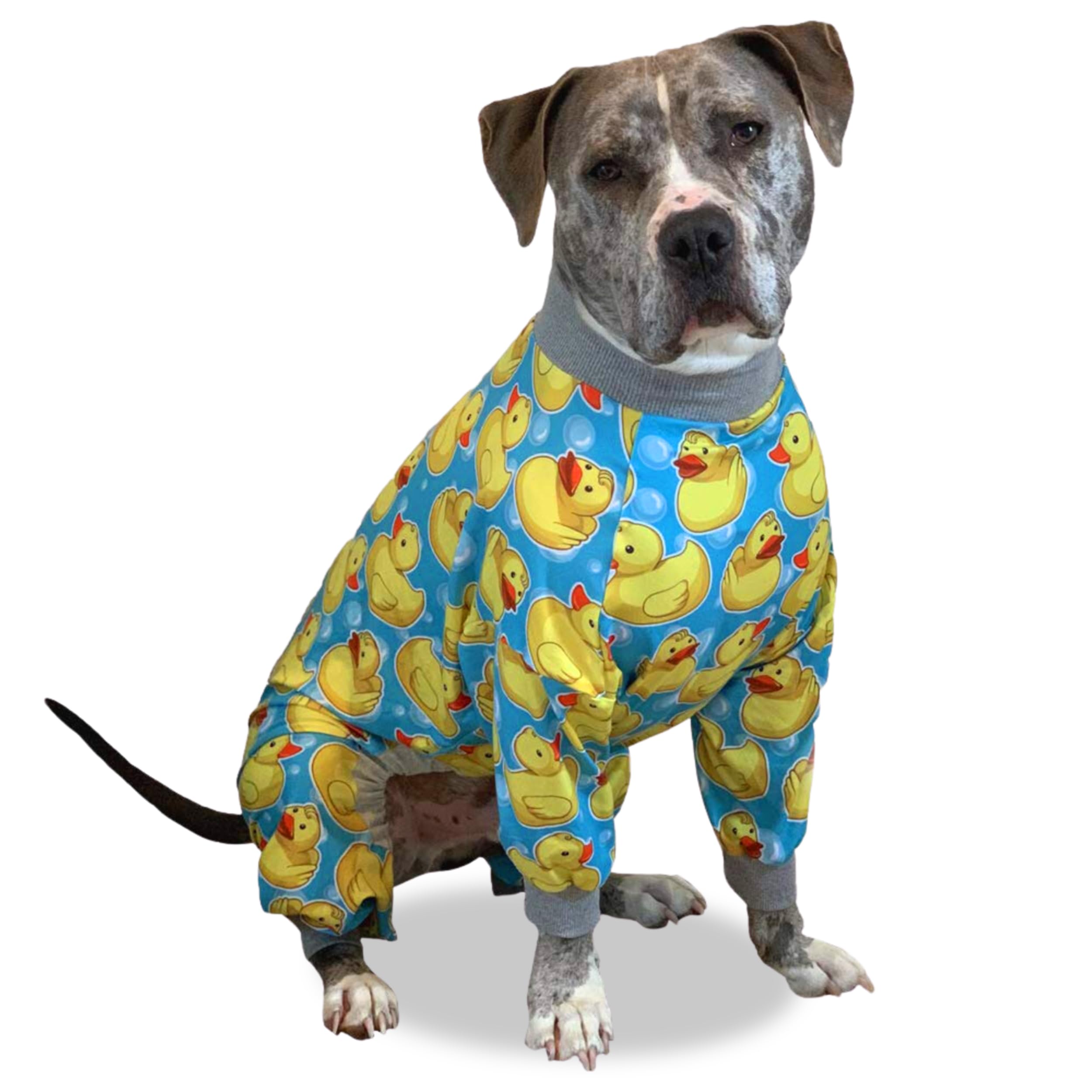 Tooth & Honey pit bull pajamas with rubber duck print offer full-coverage coziness for relaxing nights.