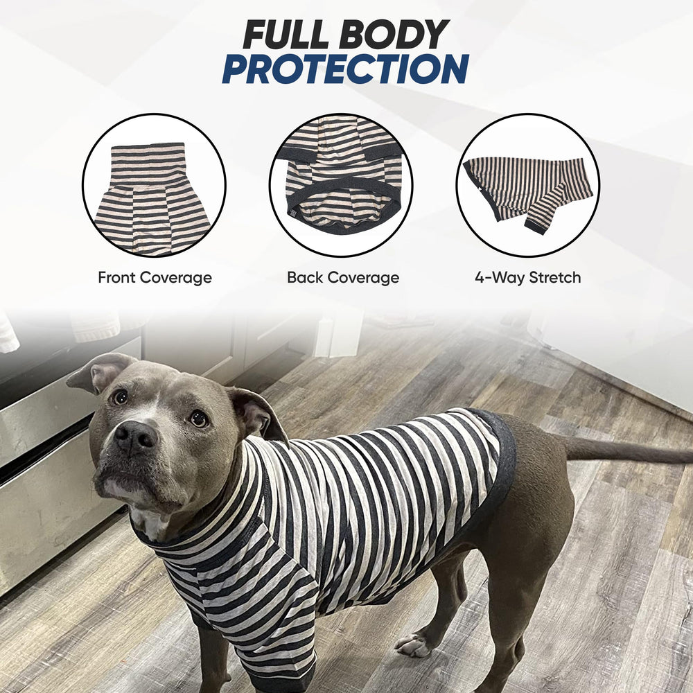 Tooth & Honey striped dog shirt closeup reveals soft cotton-spandex blend for comfort.