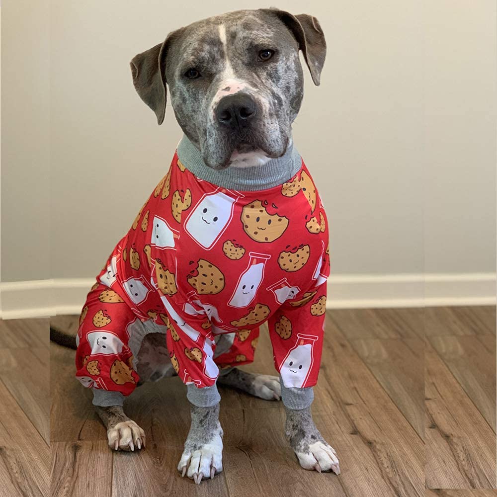 Tooth & Honey Pitbull Pajamas milk cookie print closeup with playful branding.