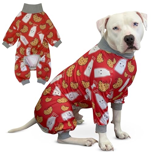 Tooth & Honey Pitbull Pajamas front view in red milk cookie print for warmth and comfort.