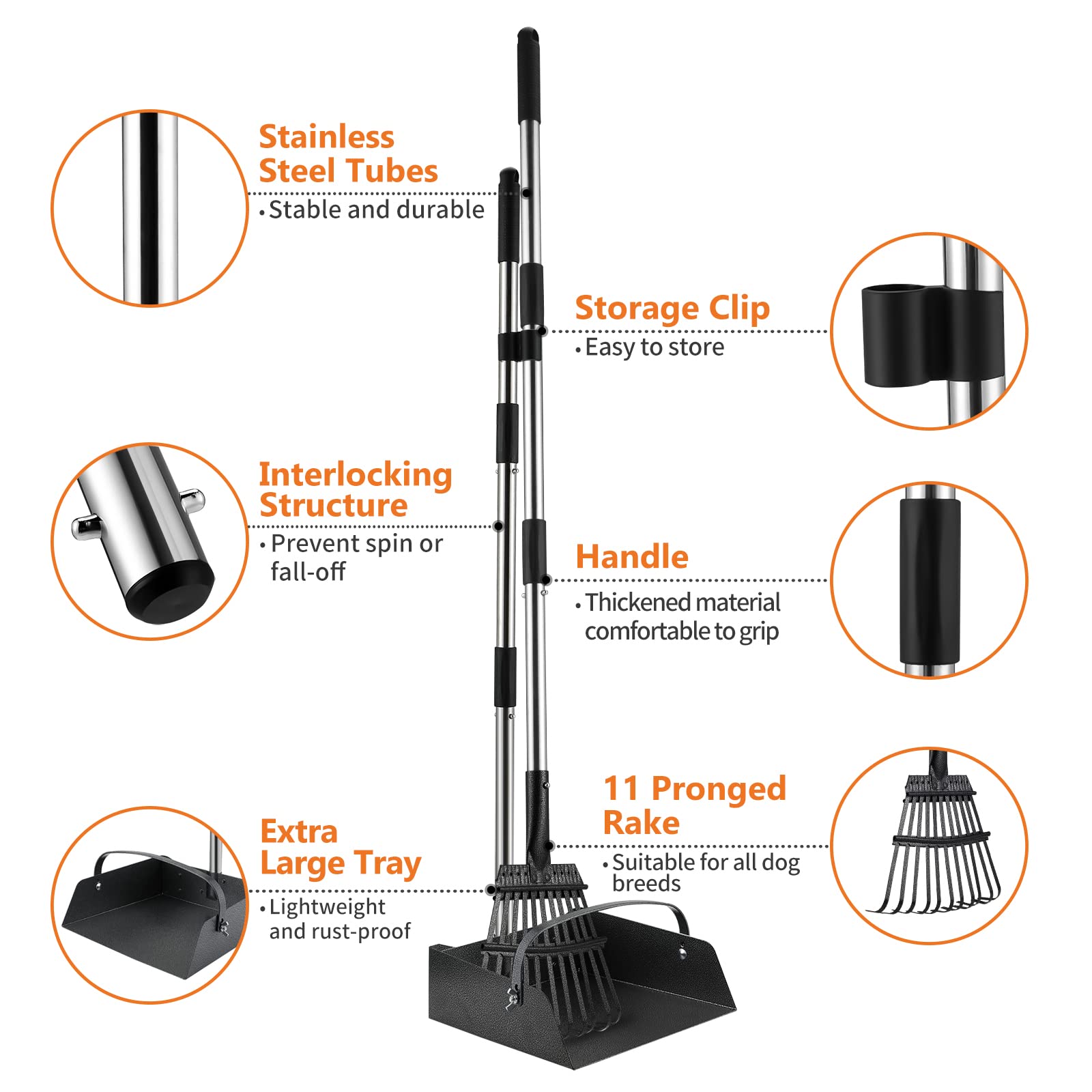 Toozey 43-31-inch long handle scoop reduces bending during waste pickup.