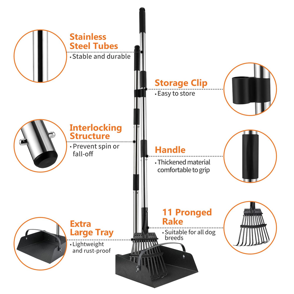 Toozey 43-31-inch long handle scoop reduces bending during waste pickup.