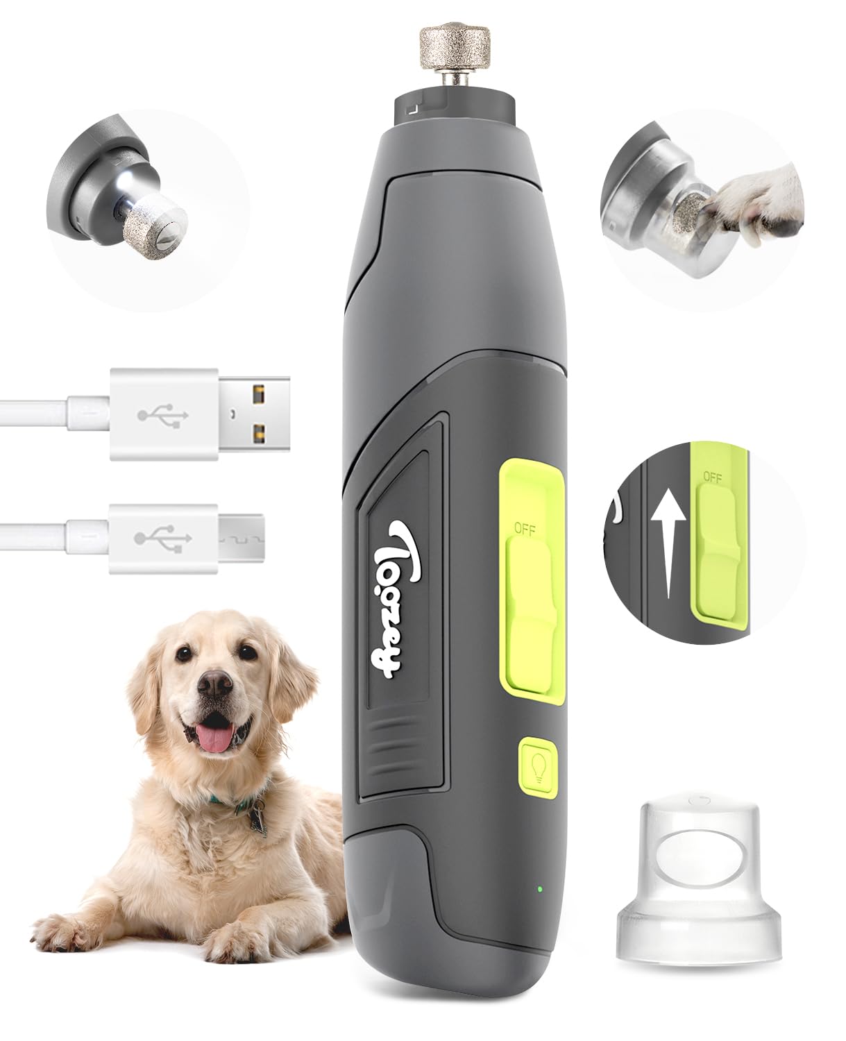 Toozey Dog Nail Grinder with 3 speeds and LED provides precise trimming for any breed.
