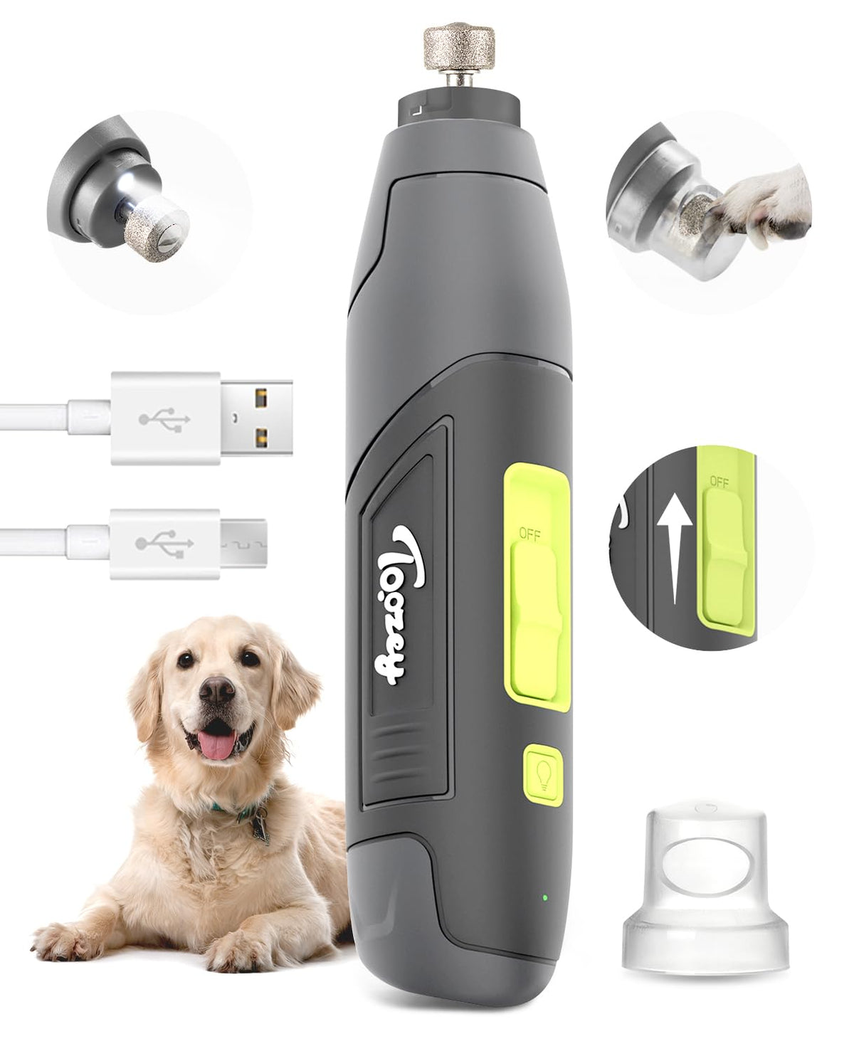Toozey Dog Nail Grinder with 3 speeds and LED provides precise trimming for any breed.