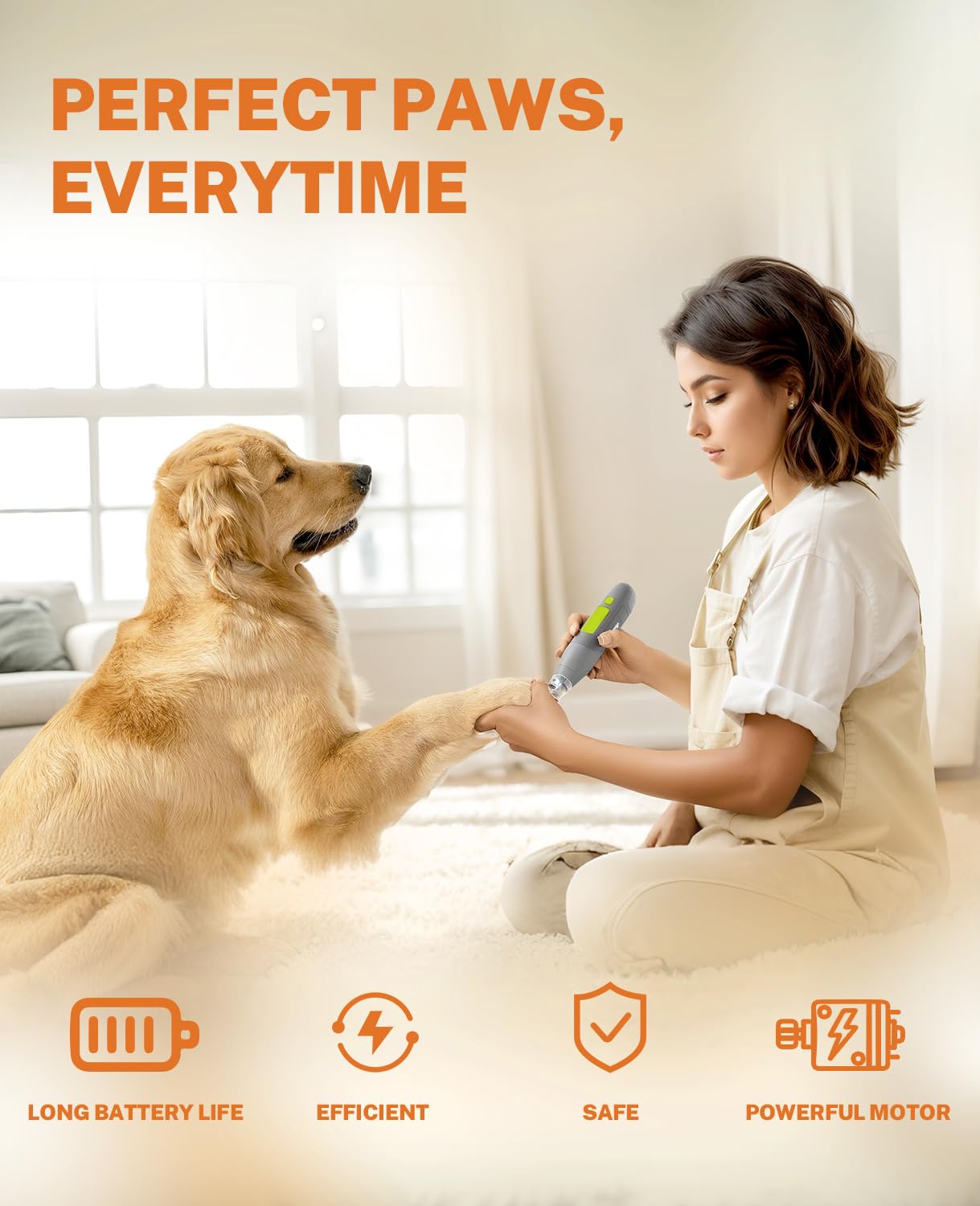 Toozey Dog Nail Grinder quiet operation reduces stress during nail care.