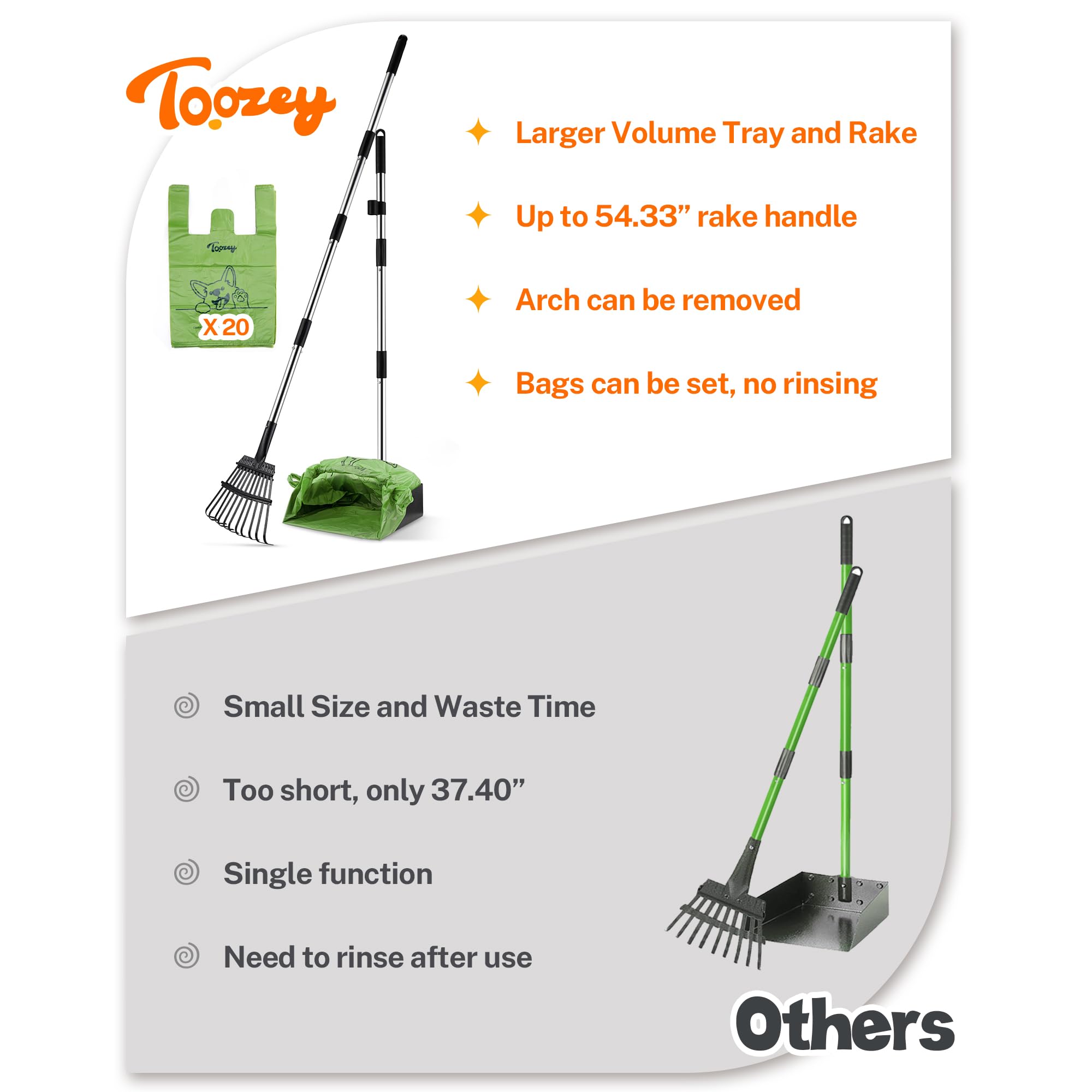 Toozey dog pooper scooper 11-pronged rake for a thorough sweep