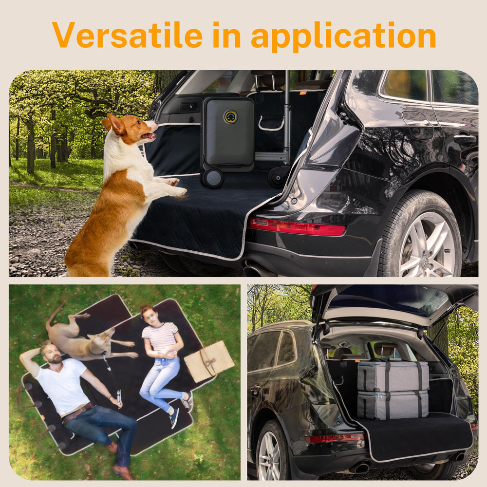 Toozey dog seat cover built-in pockets organize leashes, toys, and waste bags.