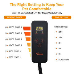 Toozey heat settings graphic shows 6 temperatures for customizable warmth.