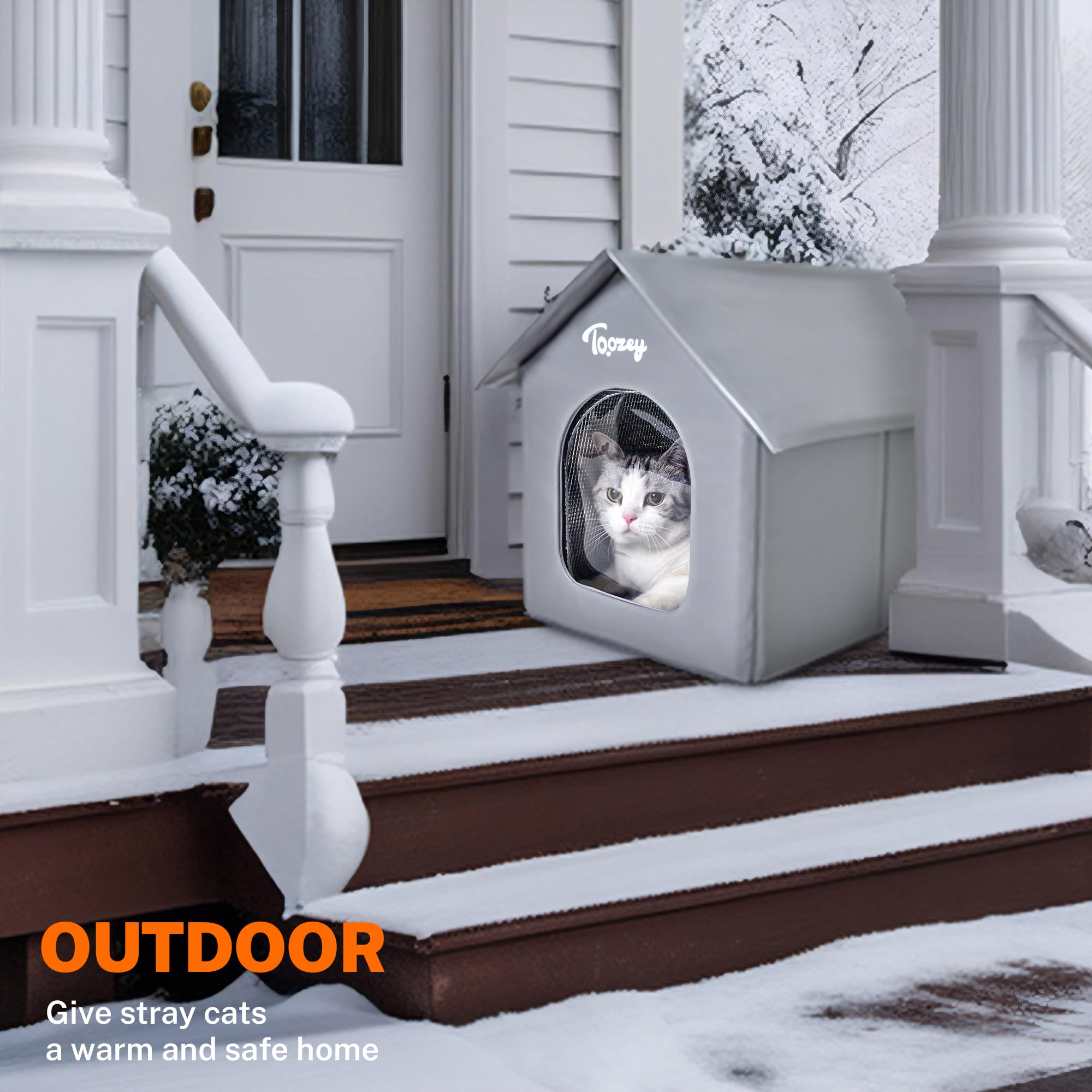 Toozey insulated outdoor cat house winter-use scene shows warm shelter for outdoor cats